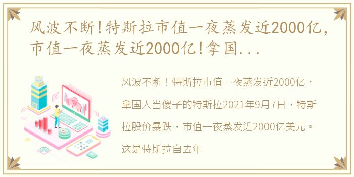 风波不断!特斯拉市值一夜蒸发近2000亿，市值一夜蒸发近2000亿!拿国人当傻子的特斯拉